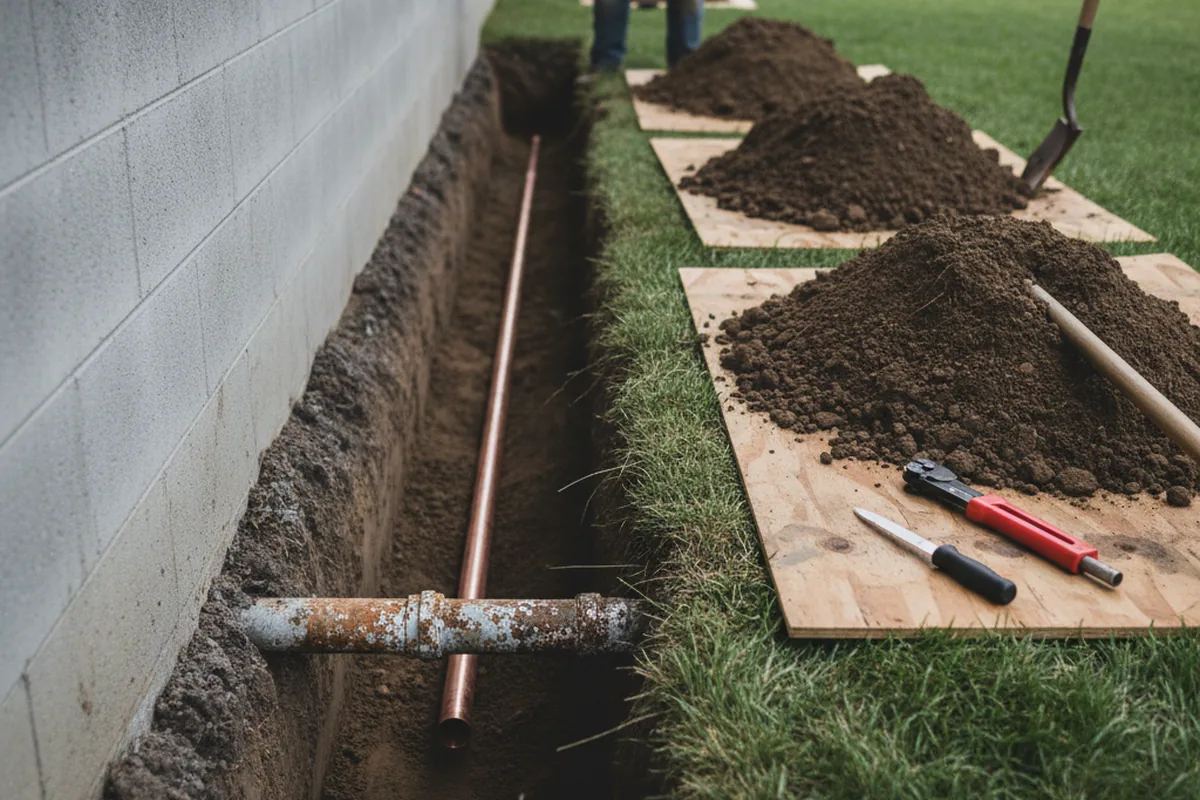 Excavated water line trench during Water Softener Installation in Olmito